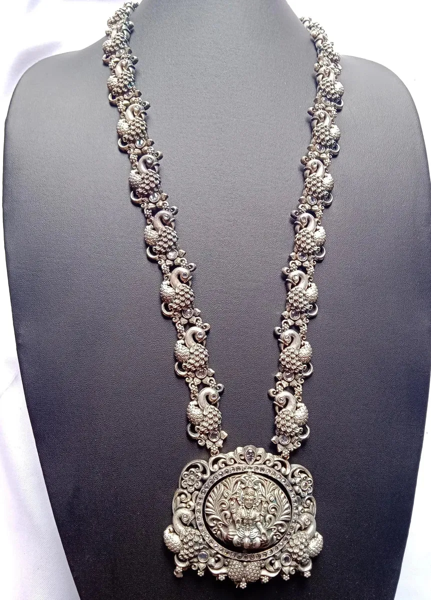 High End Beautiful Lakshmi Pendant Oxidized Long Chain With Earrings Made With Brass And Copper