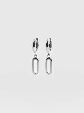 Oval Charm Drop Huggie Earrings - Silver